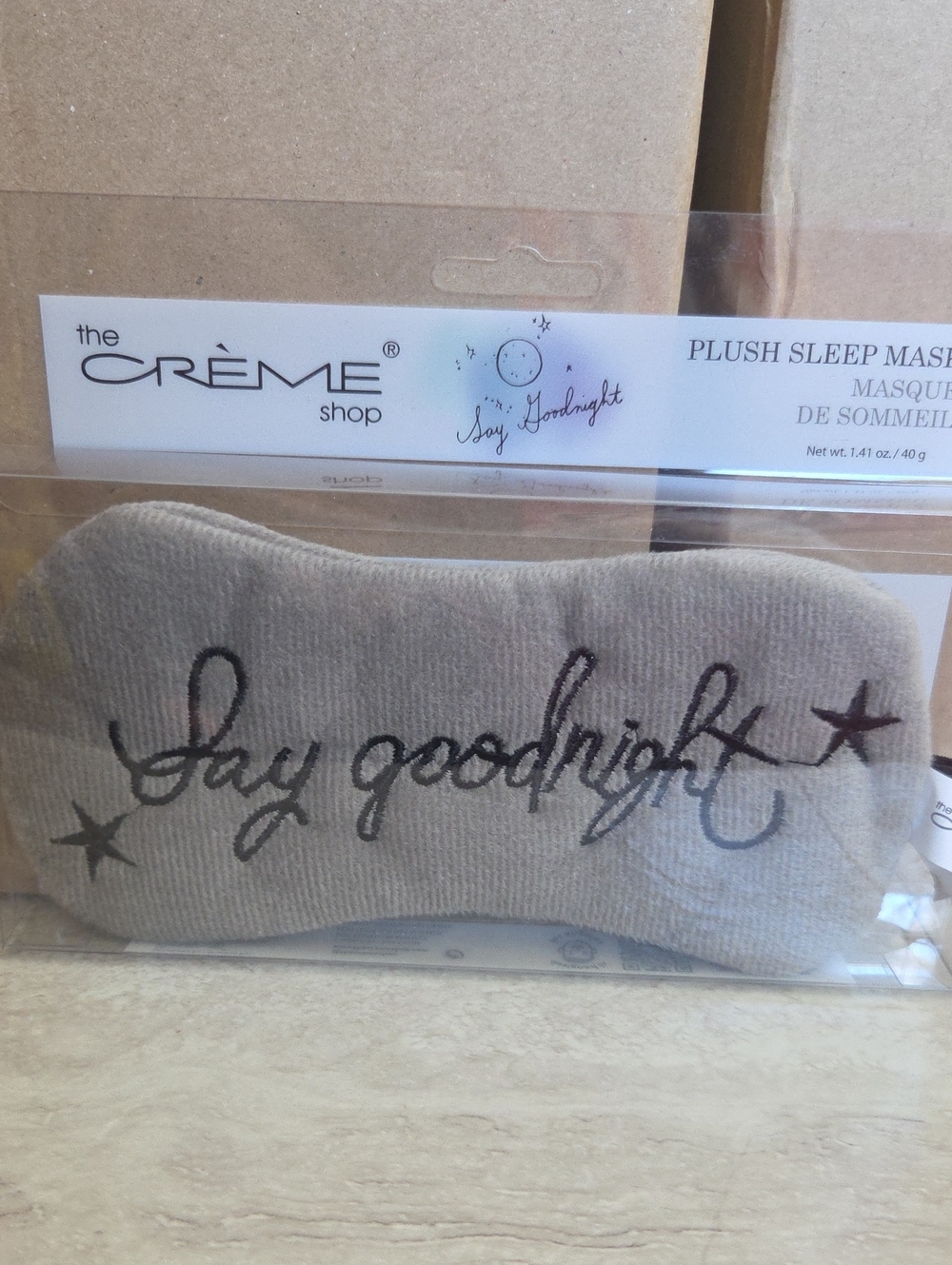 The Crème Shop Taupe Plush Sleep Mask - Say Goodnight